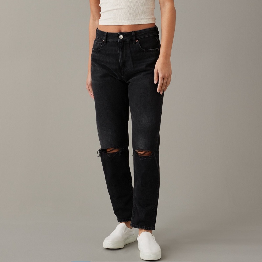 American Eagle Strigid Black Mom Jeans with Distressed Knee